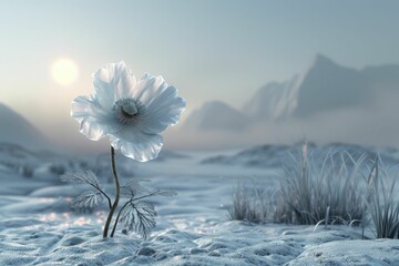 In the tranquil Arctic landscape, a lone polar poppy gracefully blooms beneath the gentle glow of the midnight sun in a stunning 3D render.