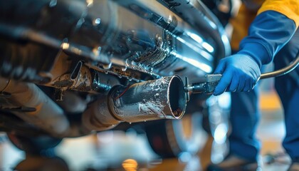A man fixes the exhaust pipe of a car in electric blue automotive exterior