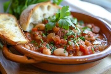 Stew with beans tomatoes bacon and sausage served with toasted bread