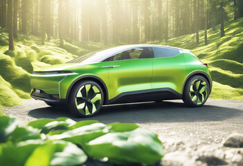 'car electric green 3d concept environment rendering gas energy vehicle ecology power eco technology transport automobile fuel transportation auto electricity'