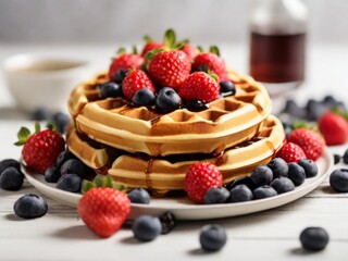 Whole wheat Belgium waffle topped with boysenberry syrup, whipped cream, walnuts, and freshly chopped strawberries horizontal shot