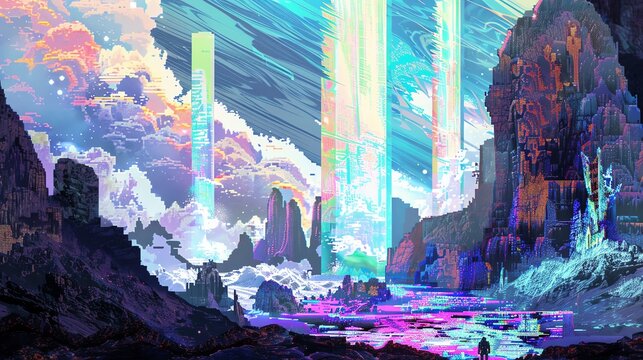 Illustrate a surreal futuristic landscape with glitch art influences, combining vibrant colors and distorted perspectives in a pixel art style