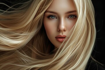 Studio portrait of a stunning blond girl with flawless hair and timeless makeup