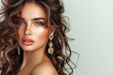 Stunning brunette model with wavy hair curly hairstyle earrings and jewelry - obrazy, fototapety, plakaty