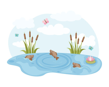 recommend clip art: Pond. A summer children's illustration depicting a pond and fish playing merrily, against a background of butterflies, reeds and white clouds. A cartoon-style children's illustration. Vector
