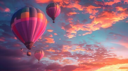 Fototapeta premium Colorful hot air balloons soaring gracefully against a vibrant sunset sky