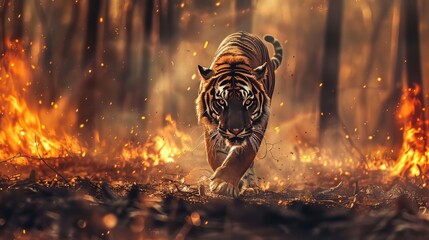 Tiger running from fire forest