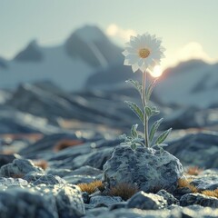 Minimalist 3D rendered Alpine meadow with a single Edelweiss against a clear sky, focused with soft background.
