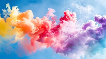 Colorful smoke billowing gracefully against a blue sky, creating a mesmerizing display of hues - obrazy, fototapety, plakaty