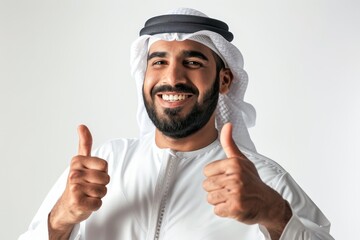 Successful Emirati man giving thumbs up in UAE making OK sign on white background
