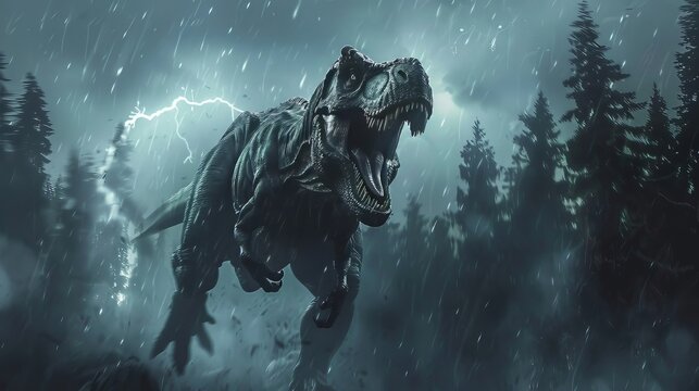 Tyrannosaurus Rex Running in Storm Forest