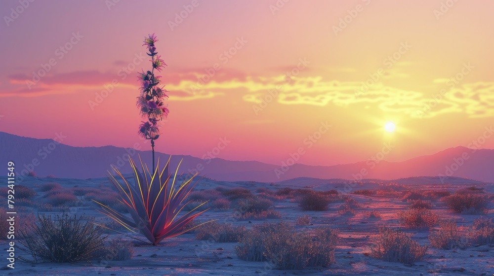 Sticker Minimalist 3D rendered desert at sunset with a single blooming yucca, silhouette against the vibrant sky.