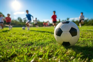 Summer soccer training camp for school children involves practicing on a grass field by running kicking balls