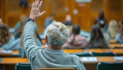 Gesture in classroom as man raises hand to answer question