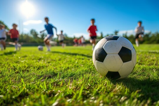 Summer soccer training camp for school children involves practicing on a grass field by running kicking balls