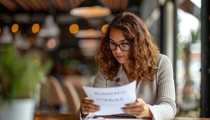 A woman in glasses is happily sitting at a table reading a paper
