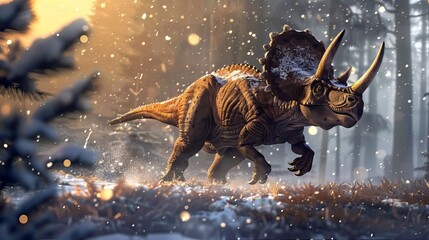 Triceratops Running in Flame Forest