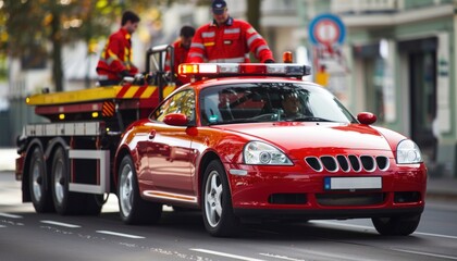 A red tow truck is hauling a red car on a city street