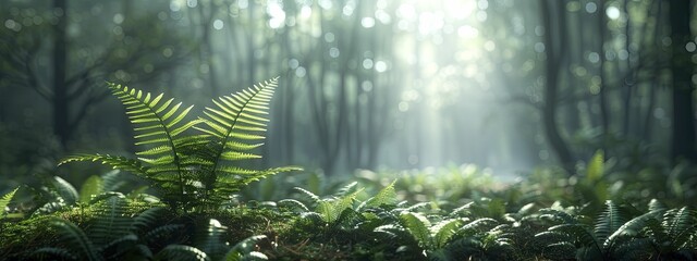 Minimalist 3D rendered forest with a lone fern, detailed texture against a soft, diffused background. - obrazy, fototapety, plakaty