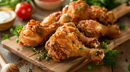 Crispy fried chicken drumsticks arranged on a wooden cutting board, inviting and irresistible.