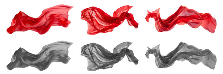 2 Collection set of red maroon grey gray long silk satin cloth fabric floating flying in the air on transparent background cutout, PNG file. Mockup template for artwork graphic design