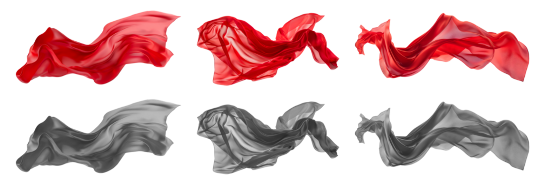 2 Collection set of red maroon grey gray long silk satin cloth fabric floating flying in the air on transparent background cutout, PNG file. Mockup template for artwork graphic design