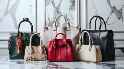 a chic shopping concept background showcasing a selection of designer handbags arranged on a marble table, portrayed in flawless full ultra HD high resolution.