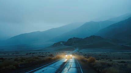 Cruising through mountainous terrain, car headlights illuminating the picturesque landscape - obrazy, fototapety, plakaty