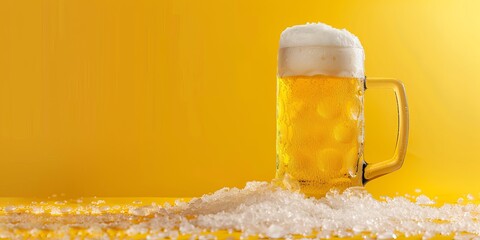 Glass of Beer With Foam on Yellow Background - obrazy, fototapety, plakaty