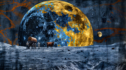 A holographic image of a Thai farmer and buffalo plowing, superimposed on the surface of the moon, The stark, grey lunar landscape contrasts with the vivid, glowing hologram, creating a surreal juxtap - obrazy, fototapety, plakaty