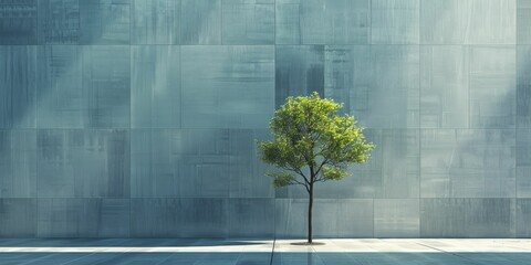A budding tree stands alone in a 3D urban park, contrasting with towering high-rise structures in the background. - obrazy, fototapety, plakaty
