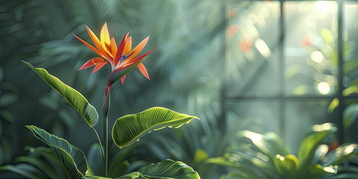 Minimalist 3D rendered tropical scene with a single bird of paradise flower, vivid colors against a lush green backdrop.
