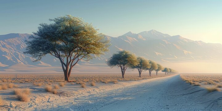 In the serene 3D desert scene, Joshua trees create sleek silhouettes, as dawn's light stretches their shadows elegantly.