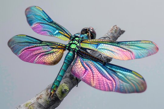 A colorful dragonfly is perched on a branch