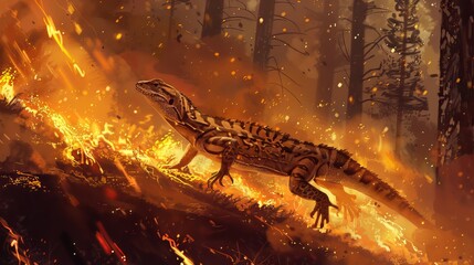 Lizard running from forest in flame - obrazy, fototapety, plakaty