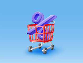 3D shopping basket with percentage symbol isolated. Render realistic shopping cart and colorful percent sign. Sale discount or clearance. Online or retail shopping. Vector illustration