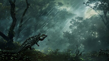 Lizard running from forest in storm
