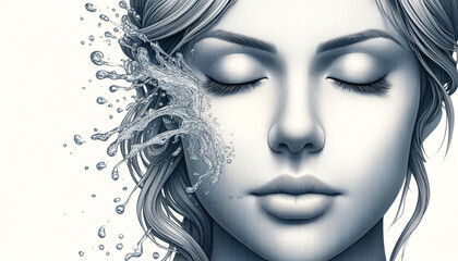 Beautifully detailed digital painting of a female face with closed eyes exuding a sense of serenity and relaxation. Water splashes gently across one side of her face, symbol of freshness and vitality.