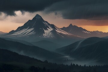 Fototapeta premium Outdoor nature mountain landscape background adventure cloud storm rain weather. Graphic Art Generative AI