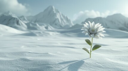 Sleek minimalist 3D rendered glacier scene with a single surviving flower against pure white snow.