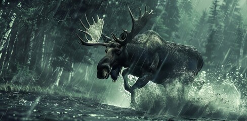Moose Running in Storm - obrazy, fototapety, plakaty