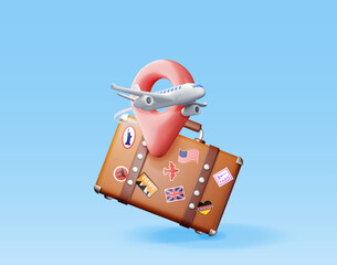 3d vintage travel bag with stickers and airplane. Render classic leather suitcase and aircraft. Travel element. Holiday or vacation. Transportation, trip concept. Vector illustration