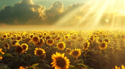Fototapeta premium Fields of sunflowers stretching to the horizon, illuminated by the radiant rays of the sun