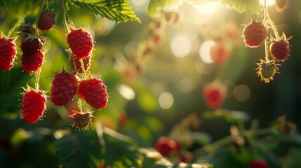 Raspberry berries in the garden close-up. Blurred background
