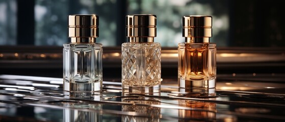 Three glass perfume bottles with golden caps on a reflective surface. - obrazy, fototapety, plakaty