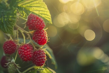Raspberry berries in the garden close-up. Blurred background
