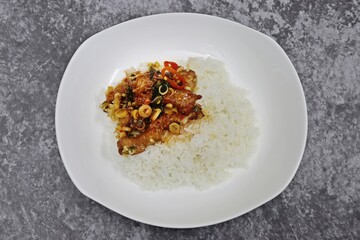 Deep Fried Fish with Herb and Spicy Sauce with Rice , Thai Food