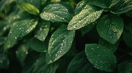 Fresh green leaves adorned with shimmering droplets of morning dew - obrazy, fototapety, plakaty