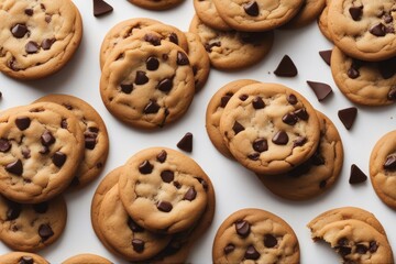 'chocolate chip cookie white background isolated chips food sweet delicious tasty snack biscuit closeup dessert treat calorie object nobody indulgence brown crumb bake homemade'