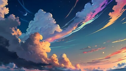Anime fantasy wallpaper background concept : Fiery orange and red clouds ablaze paint the dusky sky at sunset, generative ai - obrazy, fototapety, plakaty